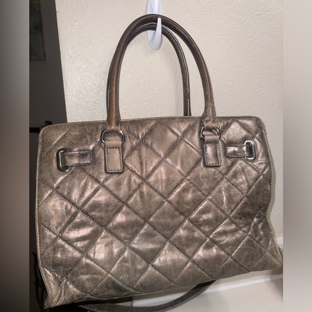 Michael Kors Silver Tan Quilted Satchel GUC - Picture 5 of 13